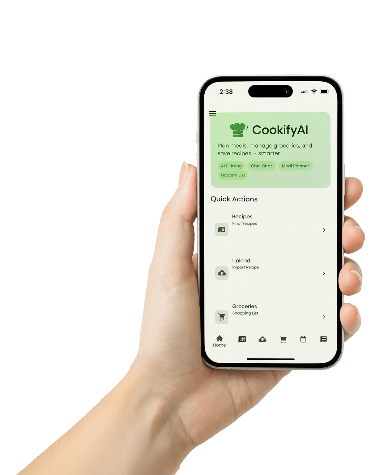 Hand holding an iPhone showing the CookifyAI home screen with a green header and quick actions for Recipes, Upload, and Groceries.