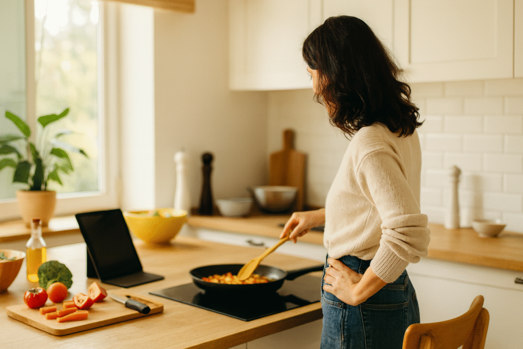 “A woman cooking in a warm, modern kitchen, stirring vegetables in a pan with chopped produce and a tablet on the counter.”