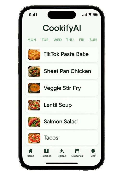 “iPhone displaying the CookifyAI weekly meal planner with meals listed Monday through Sunday and a bottom navigation bar.”