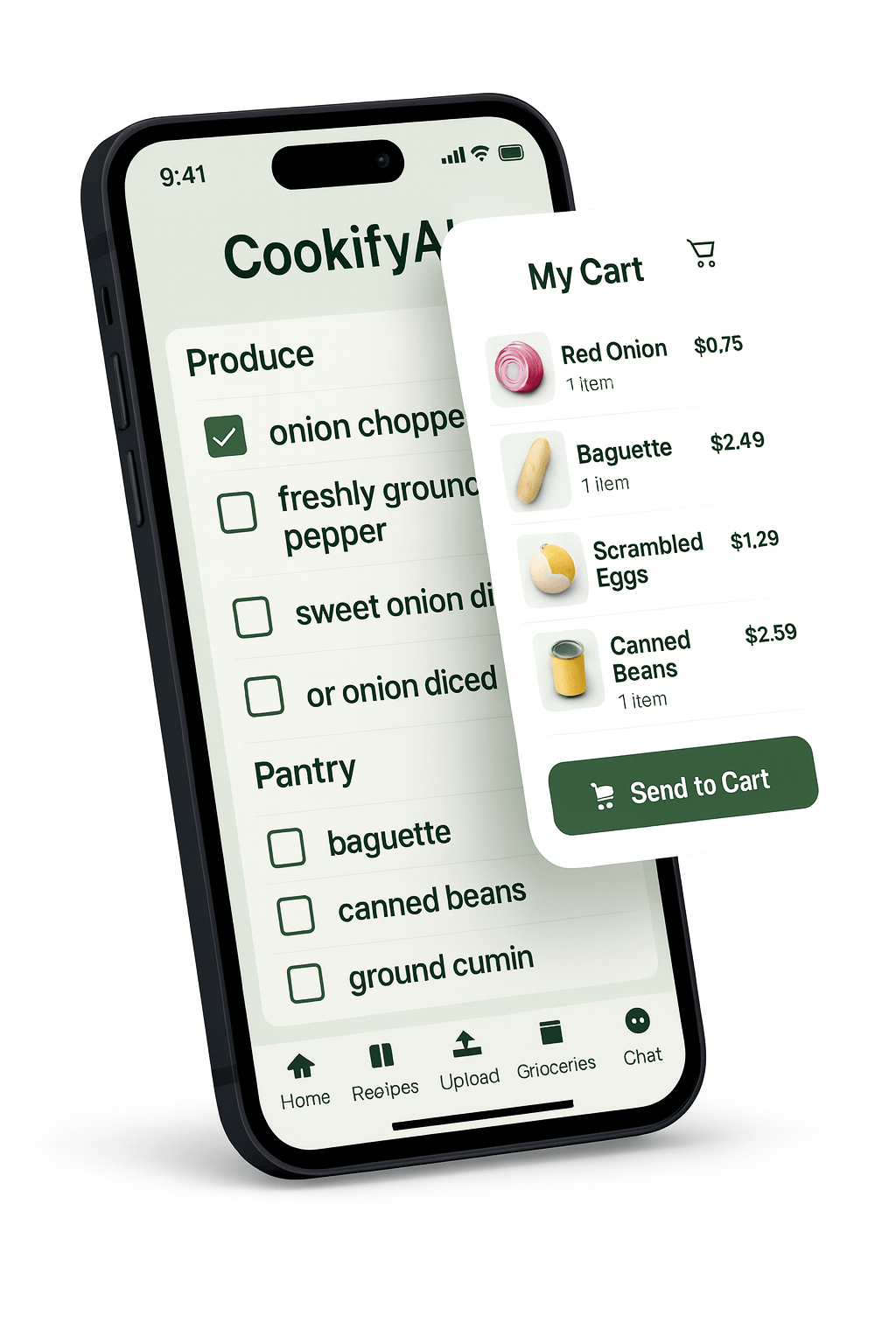 “Smartphone displaying the CookifyAI grocery list with a floating cart overlay showing items ready to send to cart.”