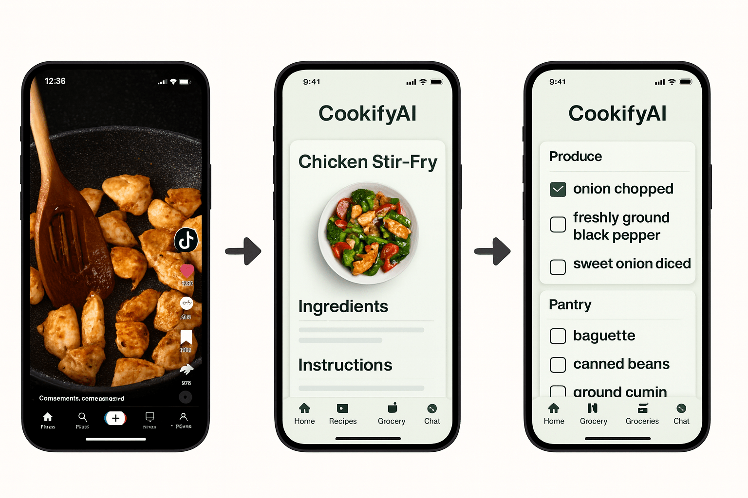 “Three smartphone screens showing CookifyAI’s workflow: a TikTok cooking video, the converted recipe in CookifyAI, and the generated grocery list.”