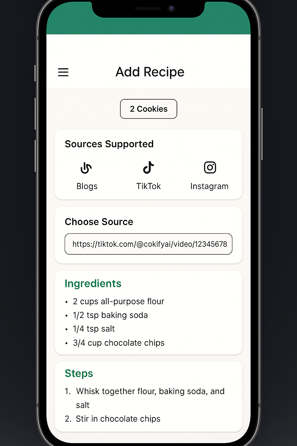 Front-facing smartphone mockup showing the CookifyAI TikTok recipe import workflow with a pasted link and previews for ingredients and steps.