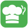 A green square logo featuring a white chef’s hat with two steam-like curves on the right side.